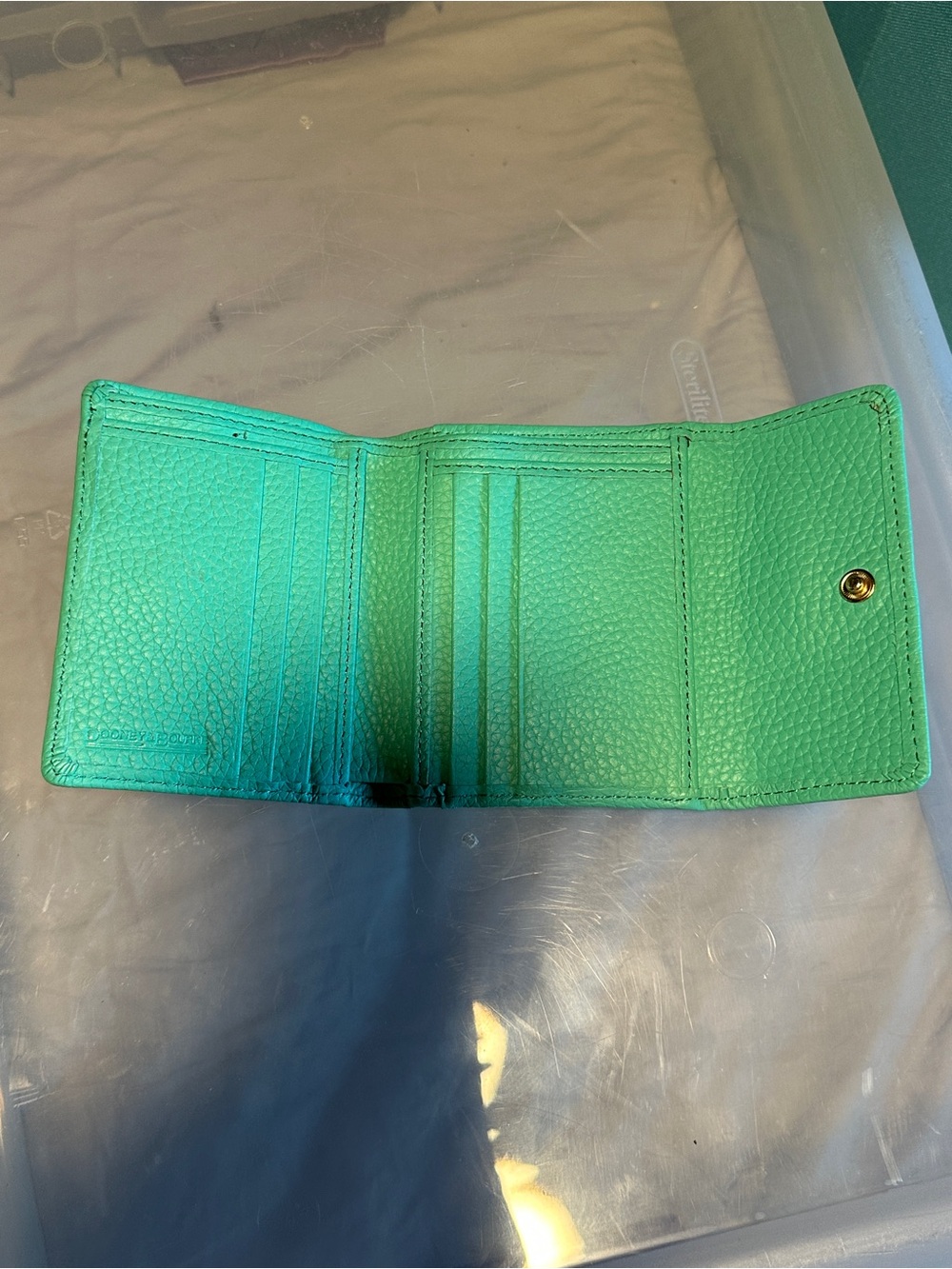 Dooney & Bourke Aqua Green Pebbled Leather Wallet with Brown Trim - Picture 2 of 3